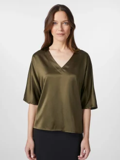 LANIUS Damenbluse Seidensatin V-Ausschnitt Oliv New