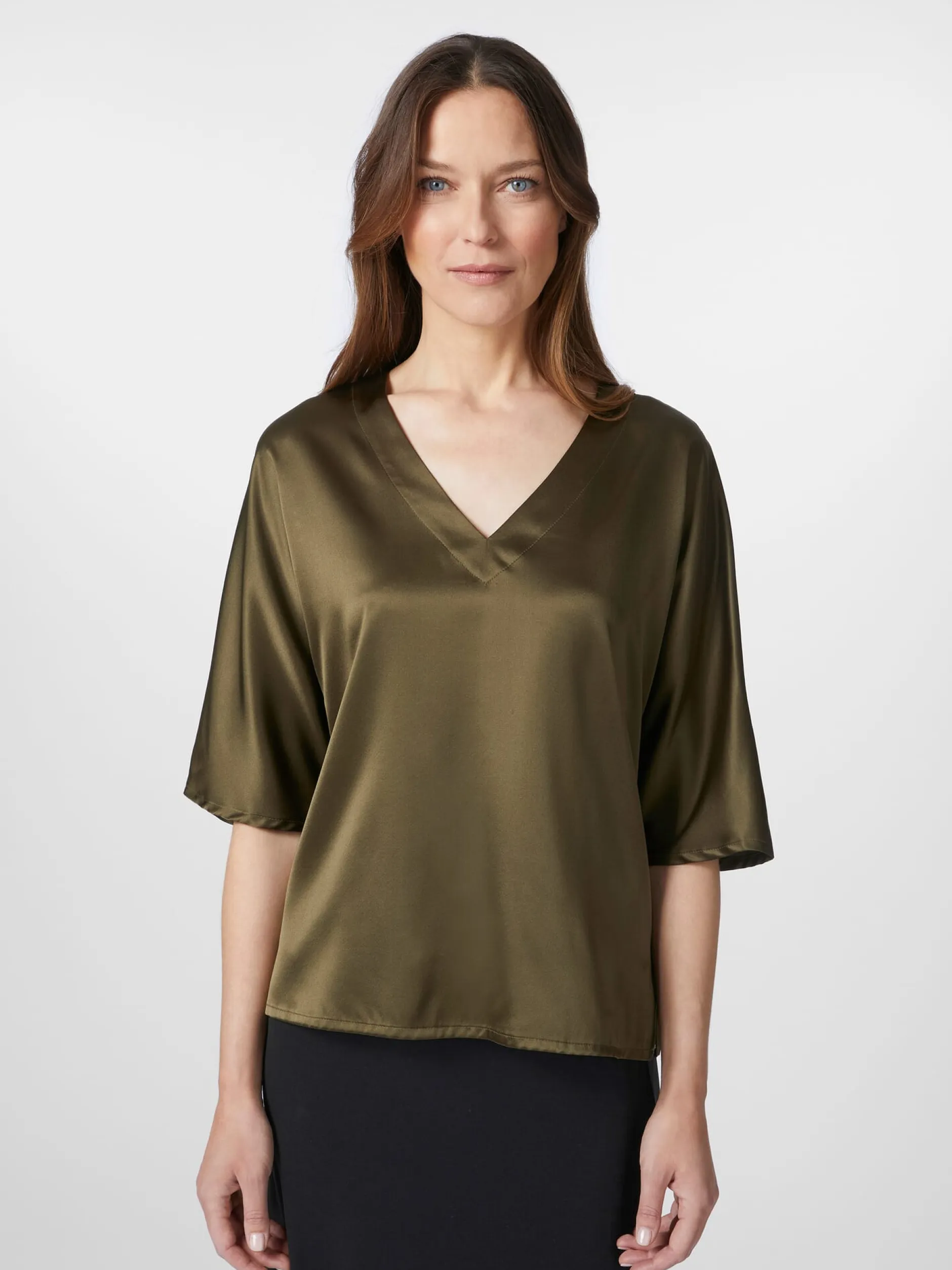LANIUS Damenbluse Seidensatin V-Ausschnitt Oliv New