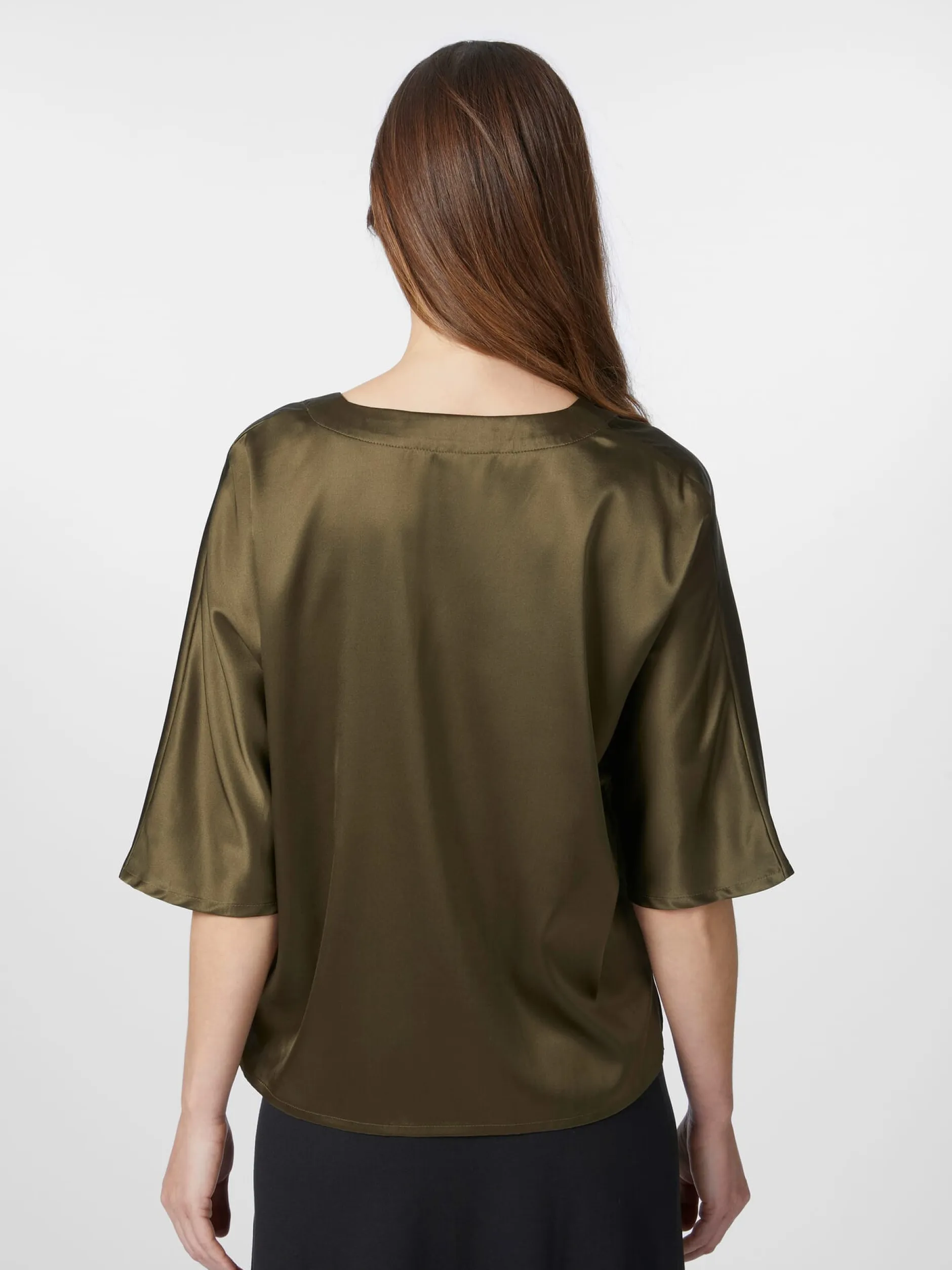 LANIUS Damenbluse Seidensatin V-Ausschnitt Oliv New