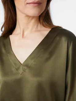 LANIUS Damenbluse Seidensatin V-Ausschnitt Oliv New