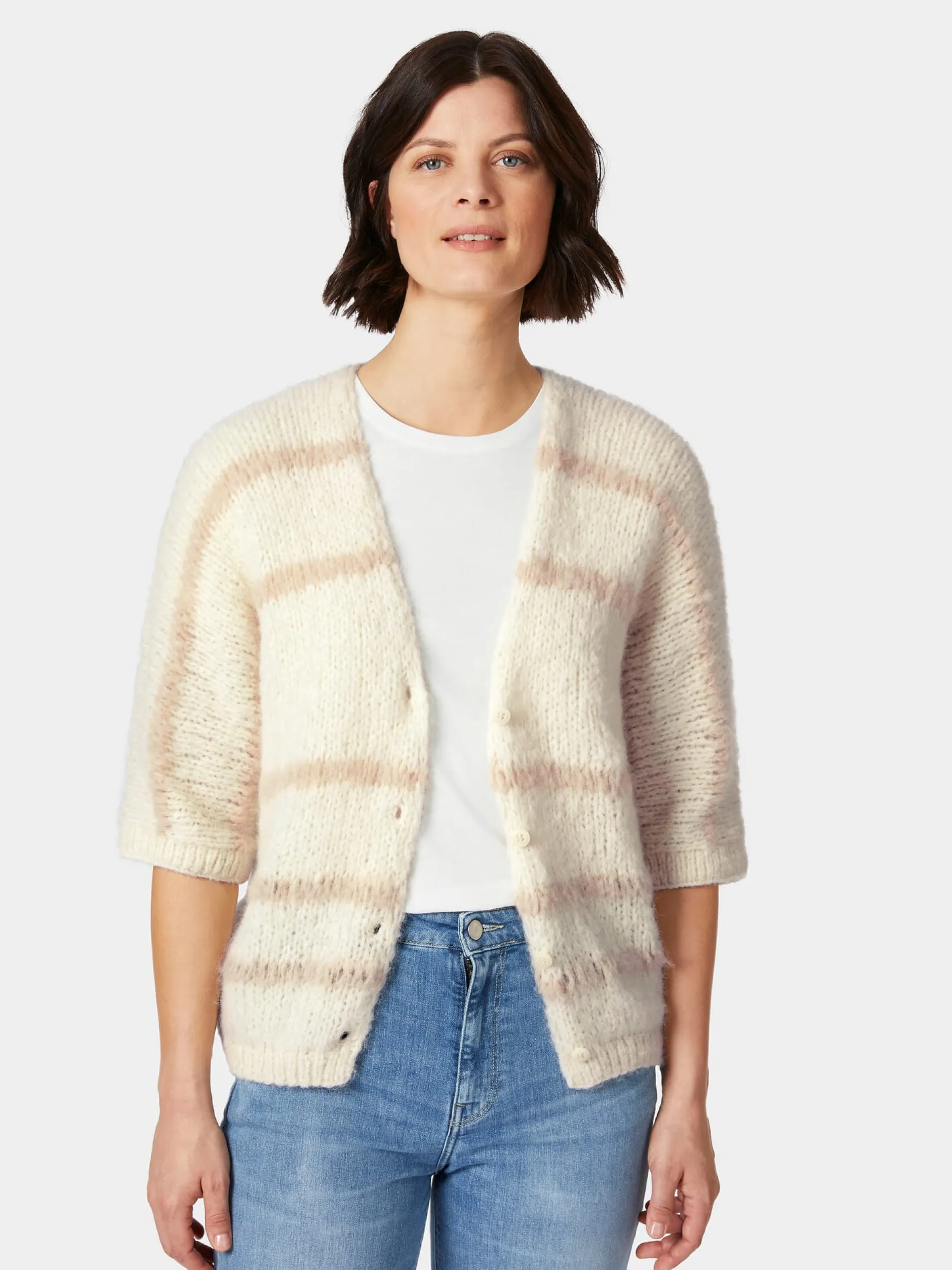 Inti Knitwear Damen-Strickjacke Halbarm gestreift Natur