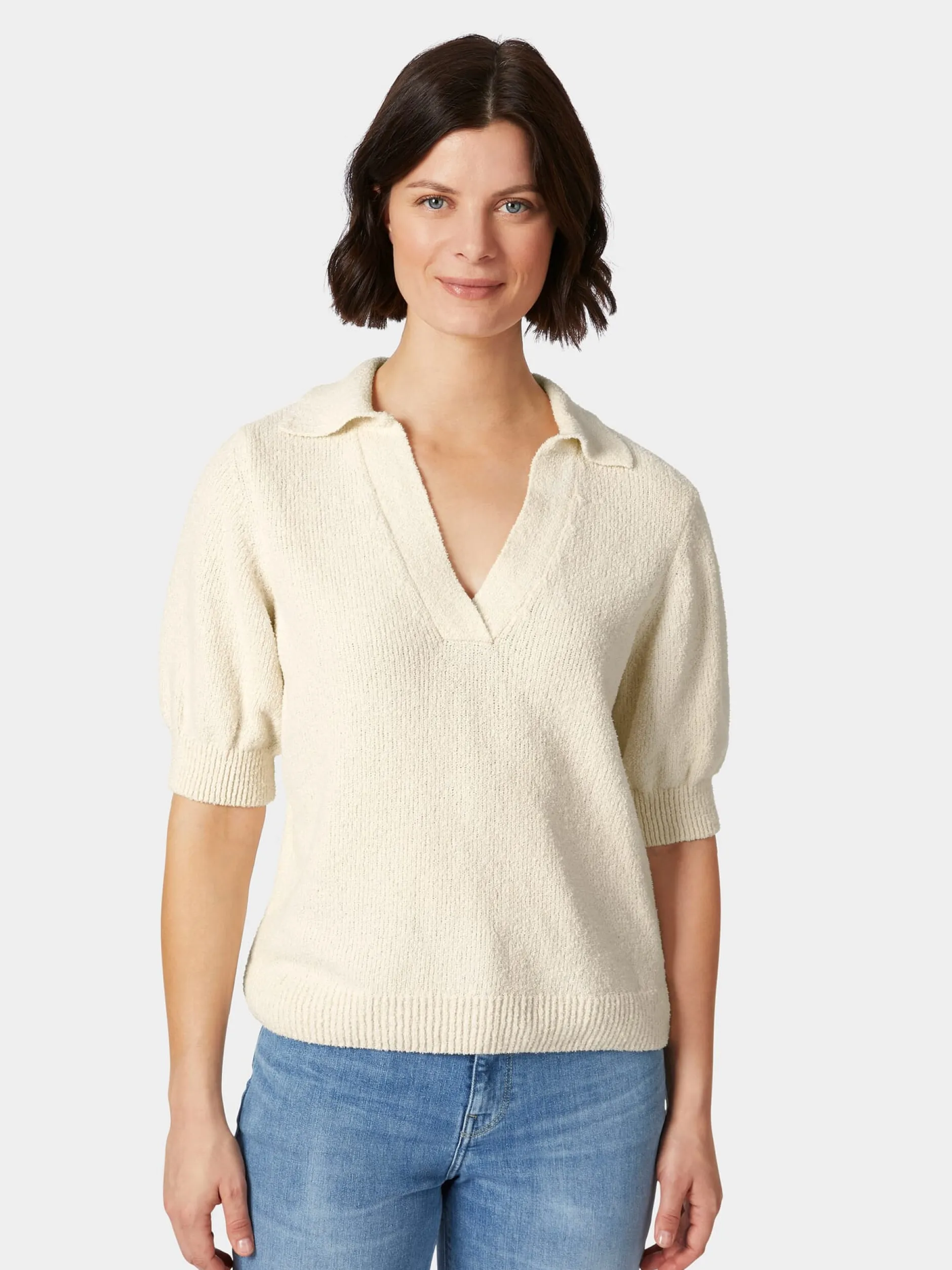 LANIUS Damen-Strickpolo Bouclé Naturweiß Clearance