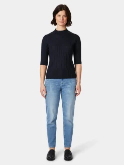 LANIUS Damen-Strickshirt Halbarm Dunkelblau New