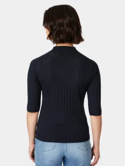 LANIUS Damen-Strickshirt Halbarm Dunkelblau New