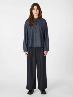 Damen-Wollbluse kariert Mittelblau Hot